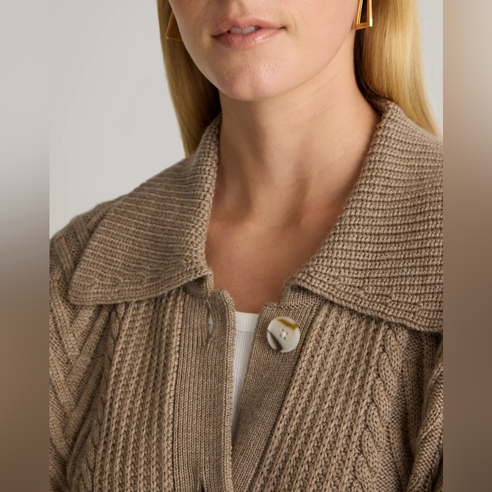 Quince Taupe Cable Knit Button-Up Sweater - Picture 4 of 9